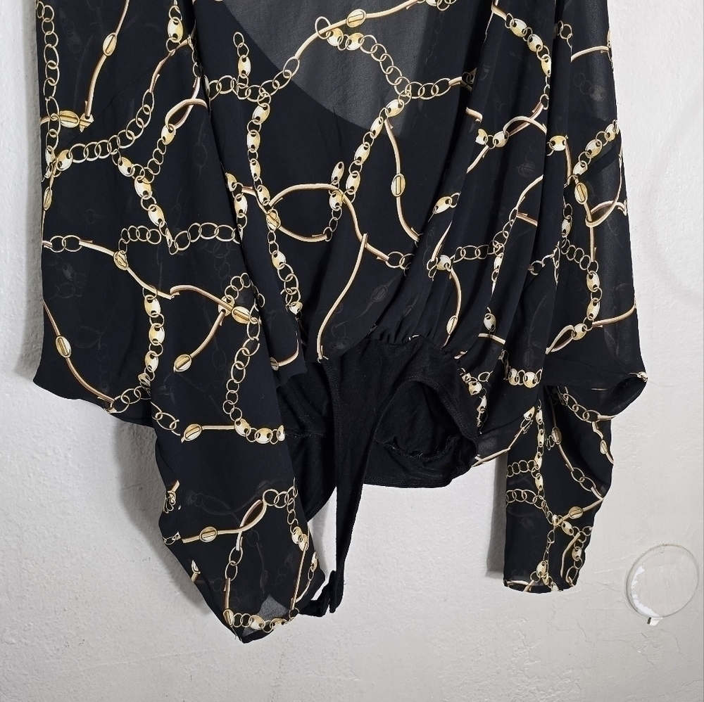 Leyden Womens Large Black Chain Print Long Sleeve Snap Bodysuit - Picture 3 of 10